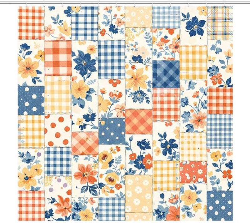Patchwork Fabric with Floral and Check patternsShower Curtain for Bathroom Waterproof Tan Shower Curtain with Hooks 71 inch x 71 inch - Image 1