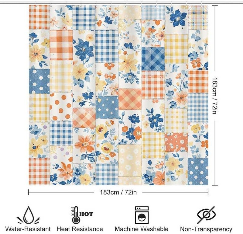 Patchwork Fabric with Floral and Check patternsShower Curtain for Bathroom Waterproof Tan Shower Curtain with Hooks 71 inch x 71 inch - Image 3