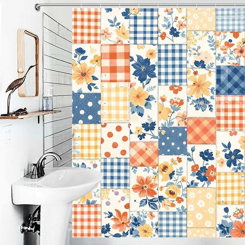 Patchwork Fabric with Floral and Check patternsShower Curtain for Bathroom Waterproof Tan Shower Curtain with Hooks 71 inch x 71 inch - Image 4