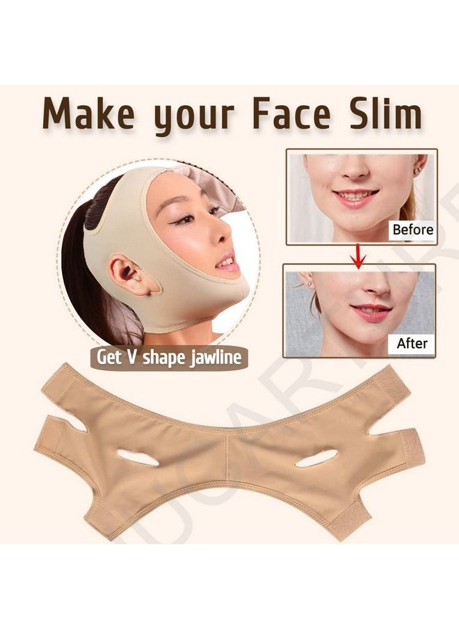 NUCARTURE - Face Slimming Belt, Double Chin Fat Reducer Cheek Slimmer And Change Face Shaper Wrinkle Remover Elastic Strap, V Shape Facial Belt For Women And Men (M, Beige, 1) - Image 1