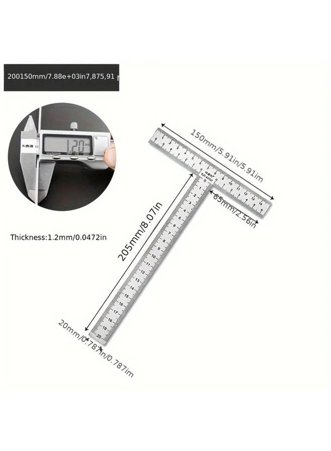 Stainless Steel T Shaped Ruler 90 Degree Right Angle 200x150mm Precision Markings - Image 1