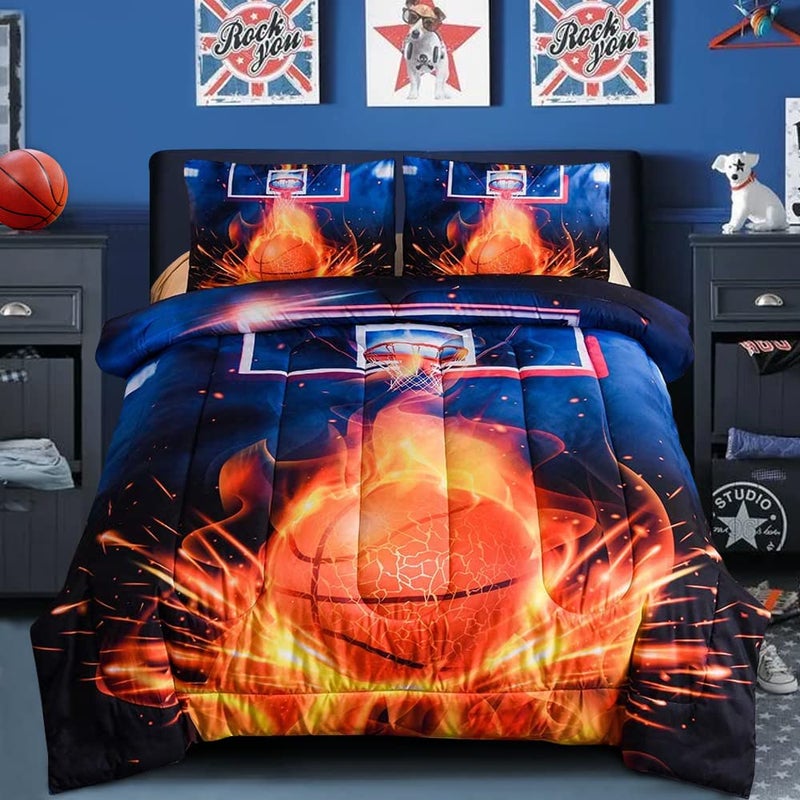 Btargot Btargot Basketball Fire Court Comforter Sets Full for Boys Teens Ball Sports Games Print Basketball Hoop Bedding Home Decor 