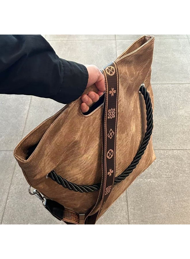 حقيبة توت قماشية أنيقة بمقبض حبل وحزام كتف عريض بسعة كبيرة باللون البني - Image 1