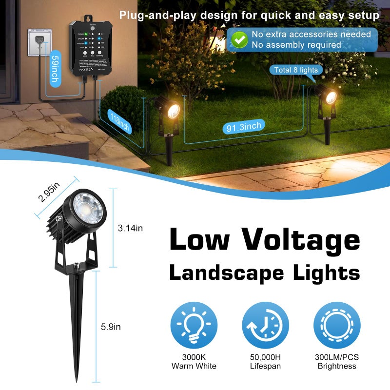 YASIZESOU All-in-One Low Voltage Landscape Lighting Kit, 8-Pack Landscape Lights with Transformer, 3000K Waterproof Outdoor Lights with 75FT Wire for Yard, Garden - Image 3