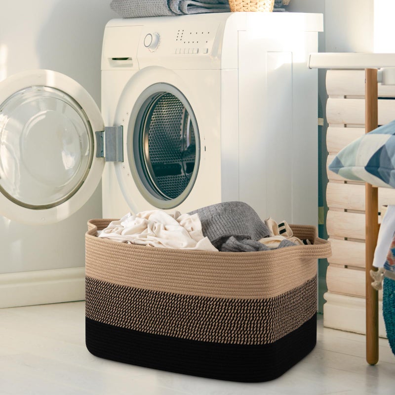 OIAHOMY Extra Large Blanket Basket, 95L Cotton Rope Woven Laundry Basket, Toy Bin for Baby Room, Container for Blanket Storage in Living Room, 24''Ã—17''Ã—14'', Brown & Black - Image 2