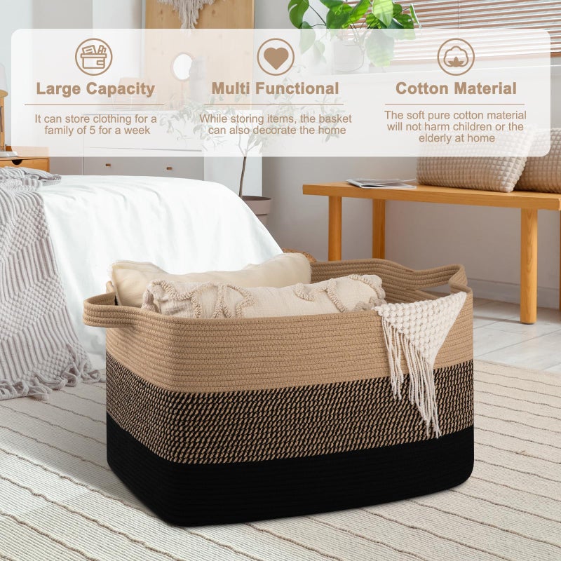 OIAHOMY Extra Large Blanket Basket, 95L Cotton Rope Woven Laundry Basket, Toy Bin for Baby Room, Container for Blanket Storage in Living Room, 24''Ã—17''Ã—14'', Brown & Black - Image 5