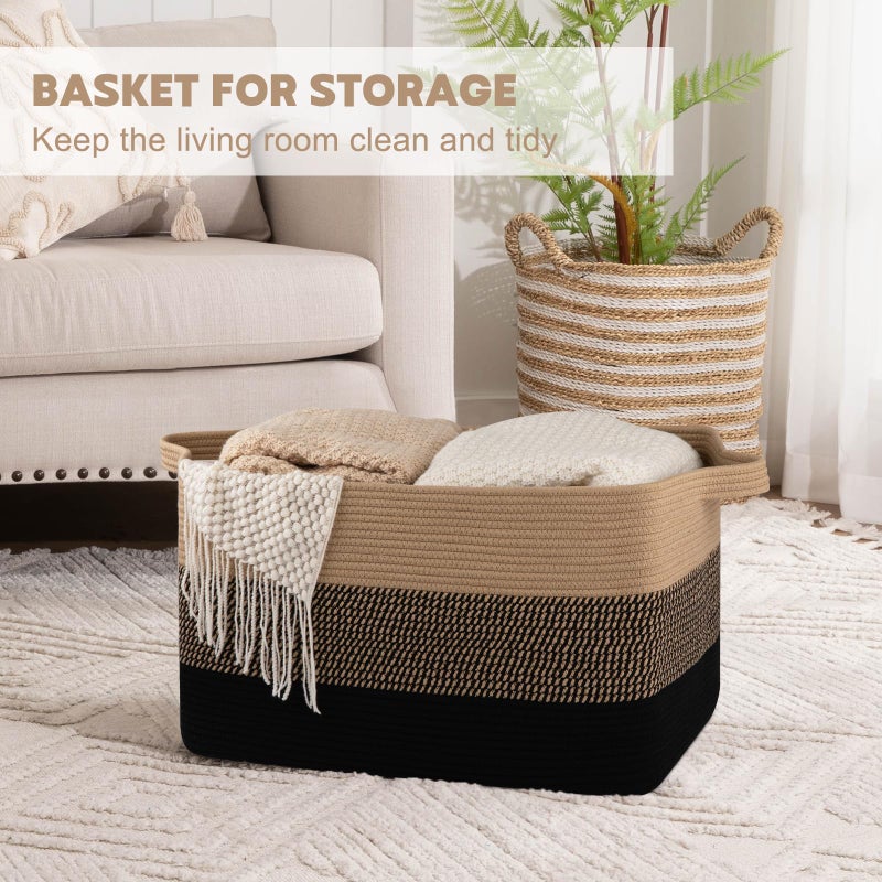OIAHOMY Extra Large Blanket Basket, 95L Cotton Rope Woven Laundry Basket, Toy Bin for Baby Room, Container for Blanket Storage in Living Room, 24''Ã—17''Ã—14'', Brown & Black - Image 3