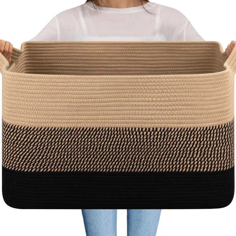 OIAHOMY Extra Large Blanket Basket, 95L Cotton Rope Woven Laundry Basket, Toy Bin for Baby Room, Container for Blanket Storage in Living Room, 24''Ã—17''Ã—14'', Brown & Black - Image 1