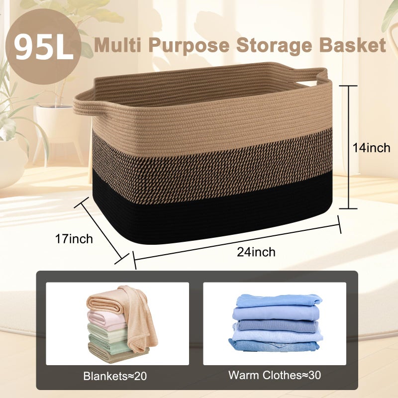 OIAHOMY Extra Large Blanket Basket, 95L Cotton Rope Woven Laundry Basket, Toy Bin for Baby Room, Container for Blanket Storage in Living Room, 24''Ã—17''Ã—14'', Brown & Black - Image 4