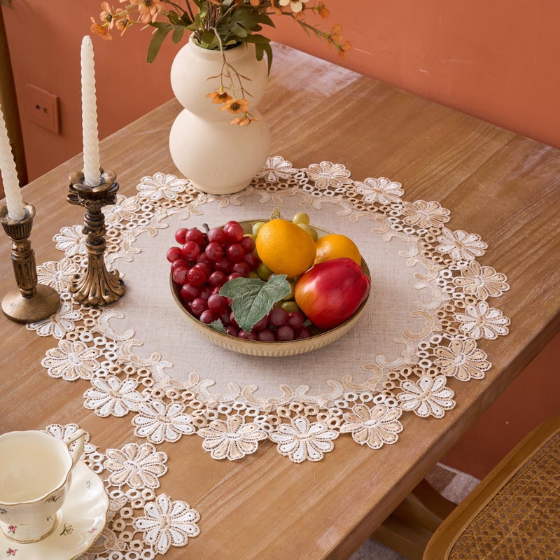 VIRFONOR European Antique Jacquard Lace Table Doilies,Small Farmhouse Linen Embroidered Table Topper Scarf Place Mat RusticTable Cover (Flower Style B, Diameter 23.5Inch) - Image 2