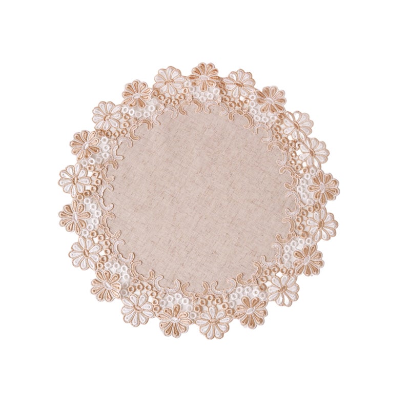 VIRFONOR European Antique Jacquard Lace Table Doilies,Small Farmhouse Linen Embroidered Table Topper Scarf Place Mat RusticTable Cover (Flower Style B, Diameter 23.5Inch) - Image 1