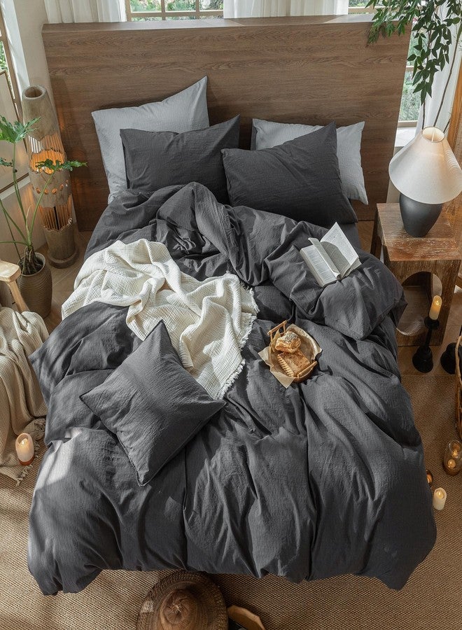 MooMee Wavy Striped Duvet Cover Set 100% Washed Cotton Linen Like Textured Breathable Durable Soft Comfy (Charocal Grey, King 104"x90") - Image 5