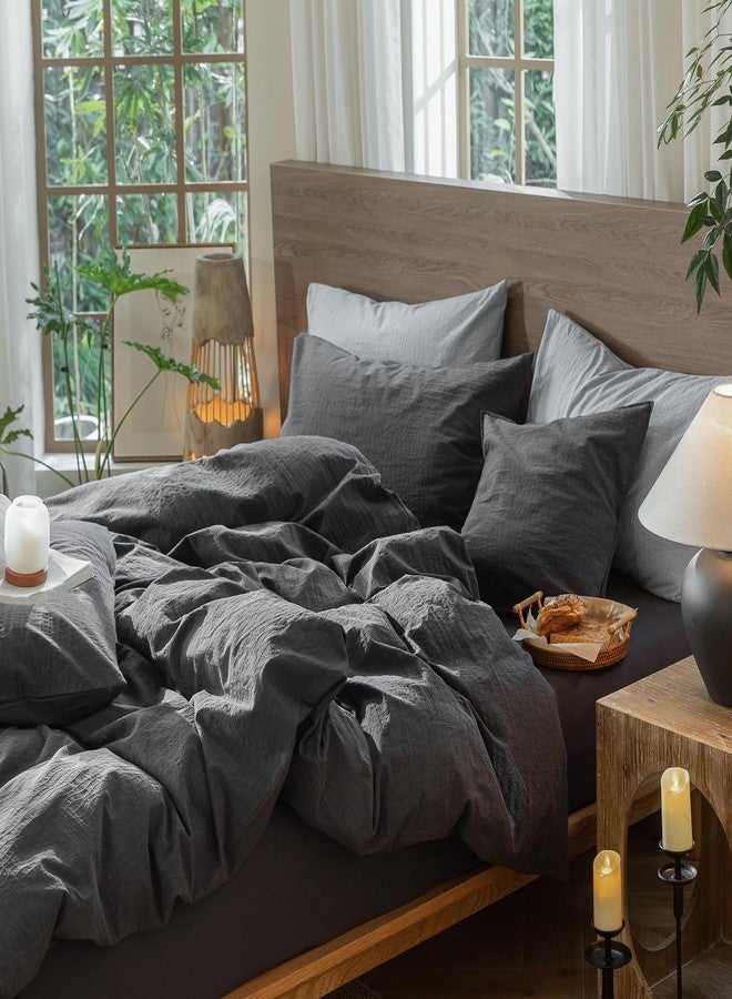 MooMee Wavy Striped Duvet Cover Set 100% Washed Cotton Linen Like Textured Breathable Durable Soft Comfy (Charocal Grey, King 104"x90") - Image 4