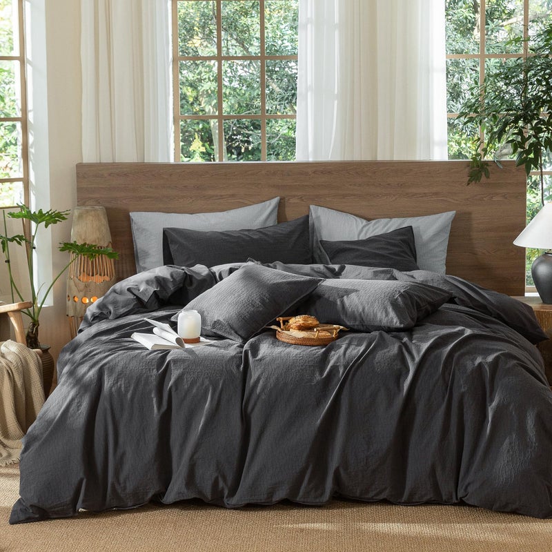 MooMee Wavy Striped Duvet Cover Set 100% Washed Cotton Linen Like Textured Breathable Durable Soft Comfy (Charocal Grey, King 104"x90") - Image 1