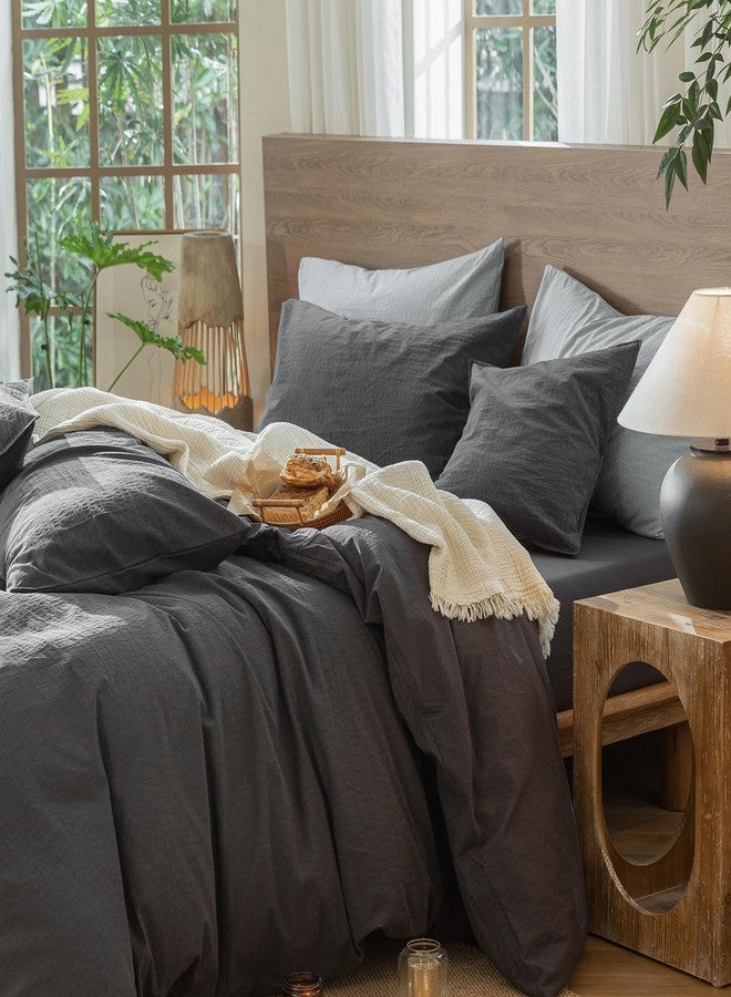 MooMee Wavy Striped Duvet Cover Set 100% Washed Cotton Linen Like Textured Breathable Durable Soft Comfy (Charocal Grey, King 104"x90") - Image 3