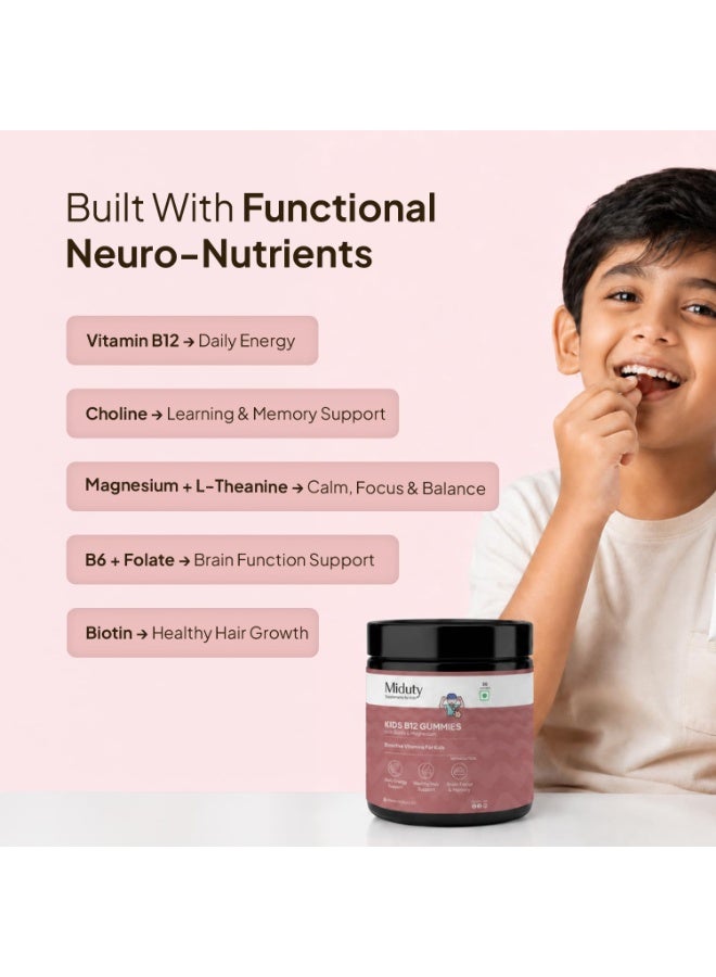 Miduty Kids B12 Gummies | Methylcobalamin with Choline, Magnesium & L-Theanine for Daily Energy, Brain Focus, Learning & Calm Focus | Biotin for Hair Support | No Added Sugar | Natural Strawberry Flavor | 30 Gummies - Image 2