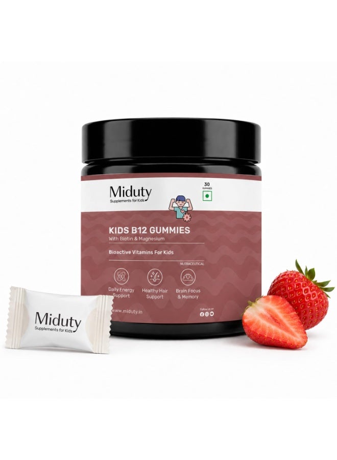 Miduty Kids B12 Gummies | Methylcobalamin with Choline, Magnesium & L-Theanine for Daily Energy, Brain Focus, Learning & Calm Focus | Biotin for Hair Support | No Added Sugar | Natural Strawberry Flavor | 30 Gummies - Image 1