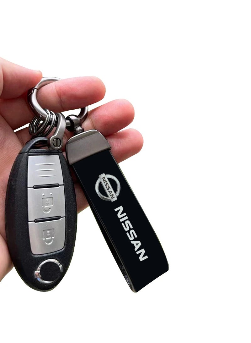 Premium Stylish Leather Strap Car Keychain with Retractable Metal Clip and Metal Ring - Black - NISSAN - Image 2