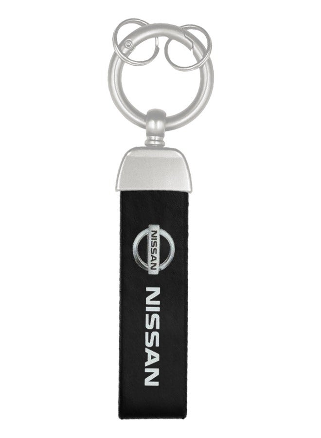 Premium Stylish Leather Strap Car Keychain with Retractable Metal Clip and Metal Ring - Black - NISSAN - Image 1