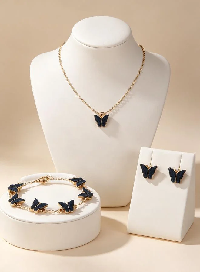 Girls Black Butterfly Charm Necklace, Bracelet and Earrings Set