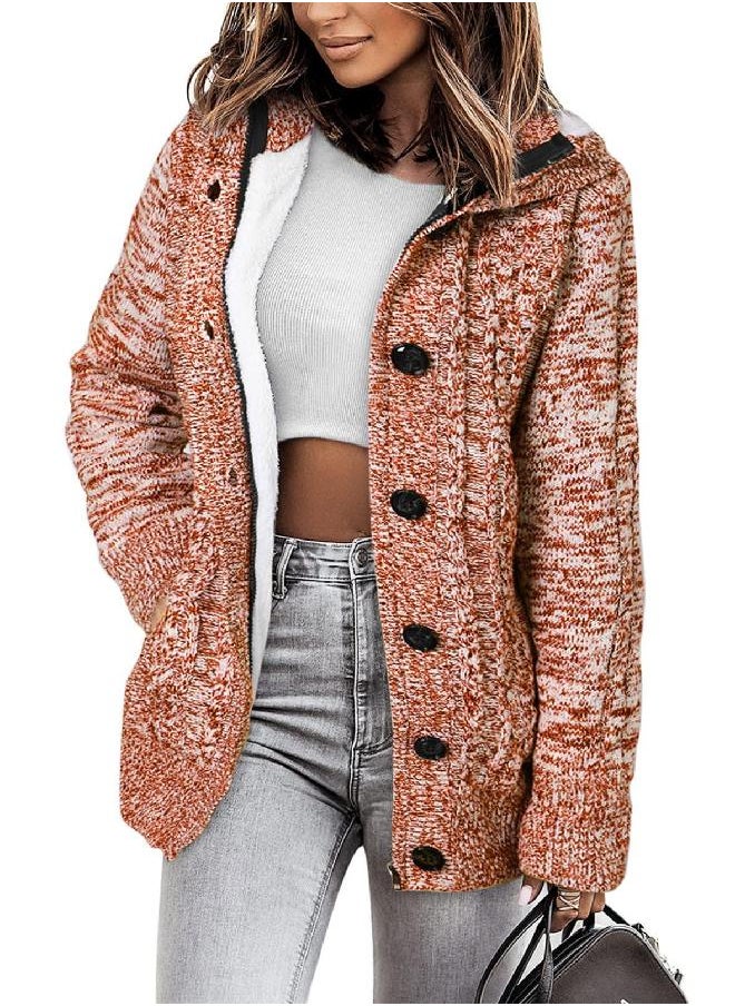 Sidefeel Sidefeel Women Hooded Knit Cardigans Button Cable Sweater Coat Medium Orange  - Image 1
