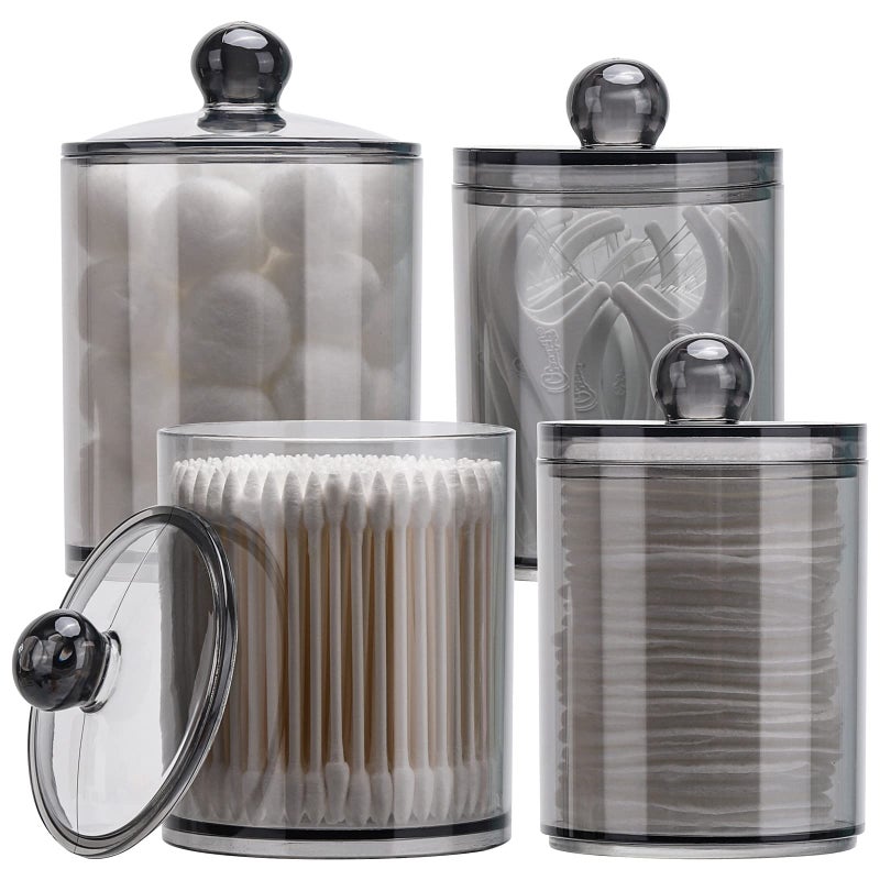 Tbestmax 4 Pack Qtip Holder 10Ounce 12Ounce Bathroom Organizer Accessories Storage Containers Plastic Apothecary Jars with Lids for Cotton Ball Cotton Swab Floss Black
