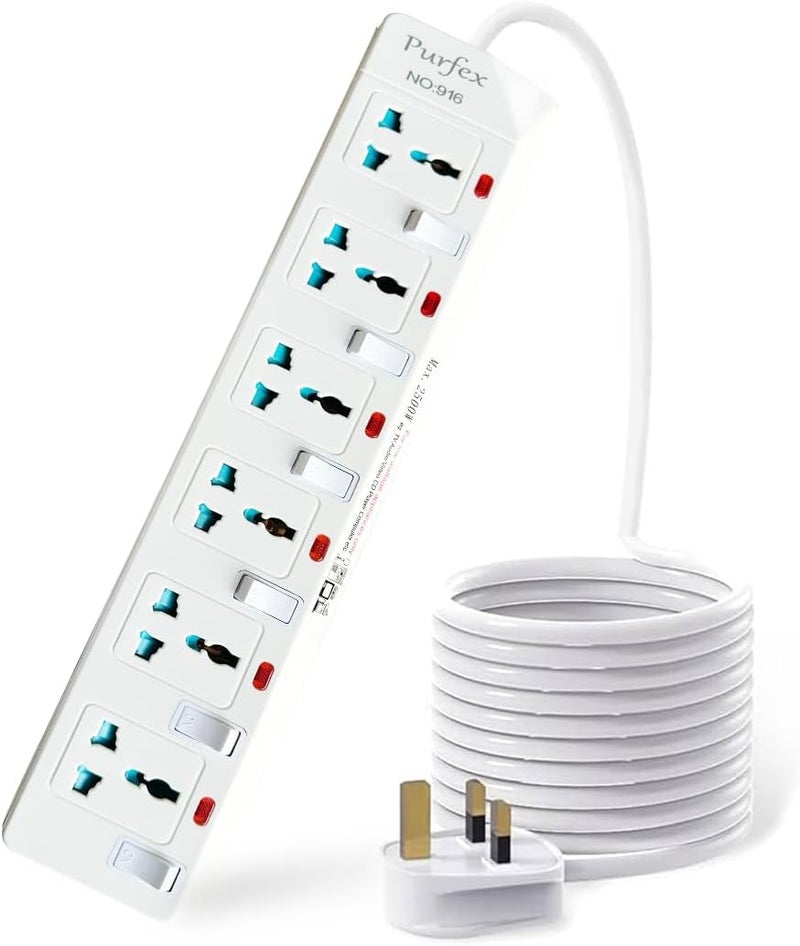 Purfex 6-Way Extension Cable, Long Power Strip 3016-20ft with Universal Sockets, Overload and Overload Protection, Heavy Duty Extension Cable for Home, Office and Appliances - Image 1