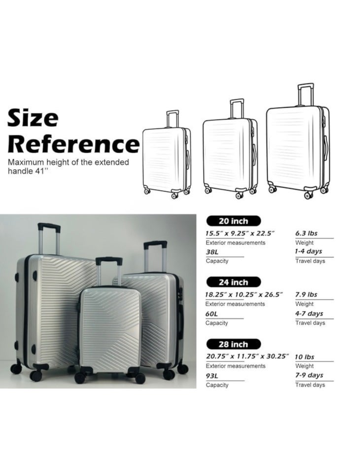 SAW & SEE Premium Hard Shell Luggage Set – 3-Piece Durable Strong Suitcase Set, Lightweight ABS Trolley Bags with Smooth Rotating Spinner Wheels, Security Combination Lock, Telescopic Handle, Traveling Bag Suitcases – 12 KG /23 KG /35 KG - 20" / 24" / 28" – SILVER  - Image 3