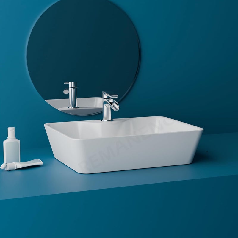 REMANENCE Ceramic Countertop Wash Basin Designer Table Top Bathroom Basin Sink Vessel Sink Wash Basin Over Counter for Bathroom Hotel Home Living Room Plain White 19 x 15 x 55 Inch