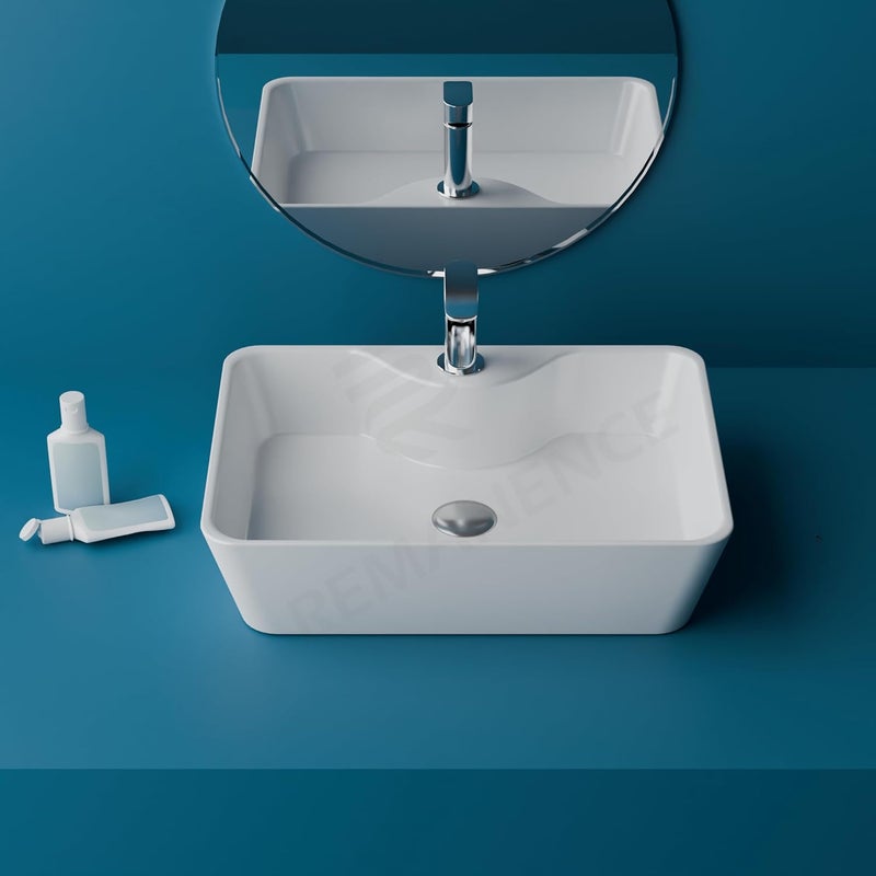 REMANENCE Ceramic Countertop Wash Basin Designer Table Top Bathroom Basin Sink Vessel Sink Wash Basin Over Counter for Bathroom Hotel Home Living Room Plain White 19 x 15 x 55 Inch