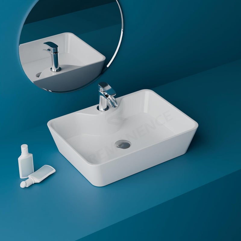 REMANENCE Ceramic Countertop Wash Basin Designer Table Top Bathroom Basin Sink Vessel Sink Wash Basin Over Counter for Bathroom Hotel Home Living Room Plain White 19 x 15 x 55 Inch