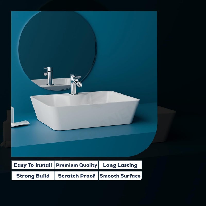 REMANENCE Ceramic Countertop Wash Basin Designer Table Top Bathroom Basin Sink Vessel Sink Wash Basin Over Counter for Bathroom Hotel Home Living Room Plain White 19 x 15 x 55 Inch