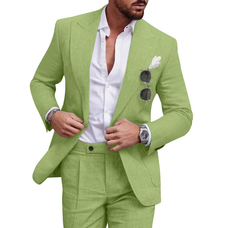 Diaryan Mens Linen Suit Casual Tuxedo 2pcs Regular Slim Fit Green Blazer One Button Solid Jacket Pants for Party Wedding 2XL