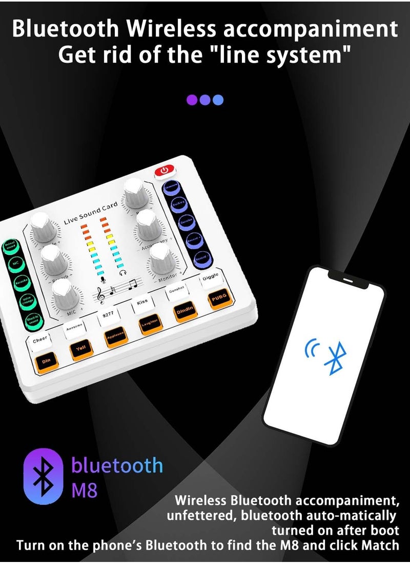 Viden - M8 Sound Card DSP Chip Twelve Ambient Sounds Four Kinds Of Sound Changes Live Broadcast DJ Mixer Music Recording Guitars TikTok Facebook YouTube USB Bluetooth White - Image 1