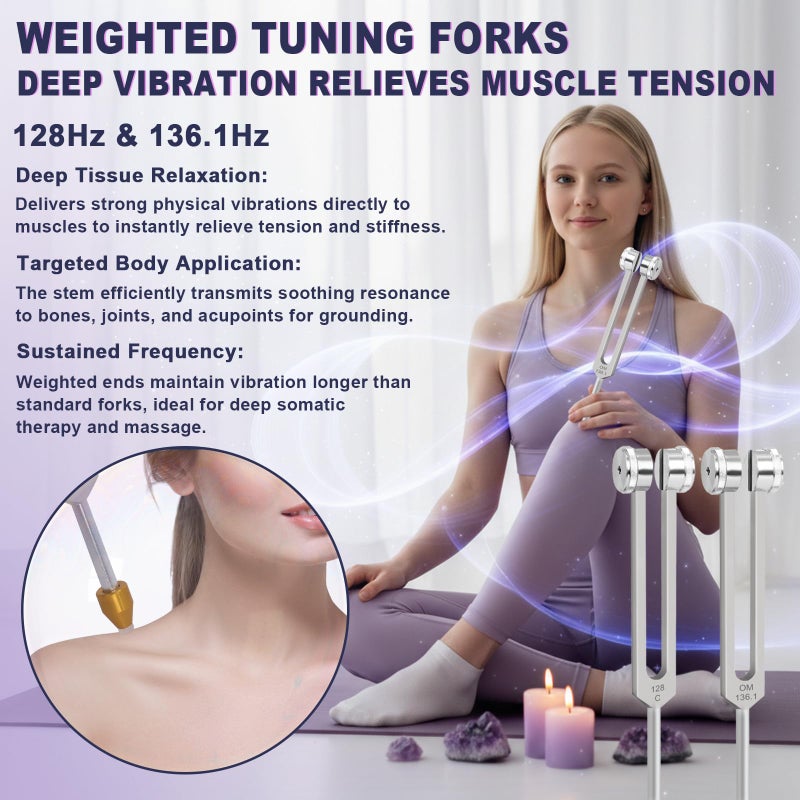 Qopaw Tuning Forks for Healing Set, Includes 128Hz, 136Hz, 256Hz, 384Hz, Weighted & Unweighted Tuning Forks Set with Reflex Hammer, Activator, Gem feet, for Sound Therapy, Chakra, Yoga, Meditation - Image 5