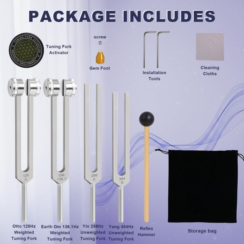 Qopaw Tuning Forks for Healing Set, Includes 128Hz, 136Hz, 256Hz, 384Hz, Weighted & Unweighted Tuning Forks Set with Reflex Hammer, Activator, Gem feet, for Sound Therapy, Chakra, Yoga, Meditation - Image 2