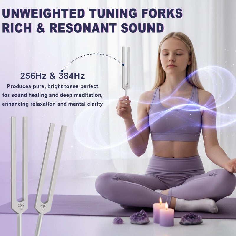 Qopaw Tuning Forks for Healing Set, Includes 128Hz, 136Hz, 256Hz, 384Hz, Weighted & Unweighted Tuning Forks Set with Reflex Hammer, Activator, Gem feet, for Sound Therapy, Chakra, Yoga, Meditation - Image 4