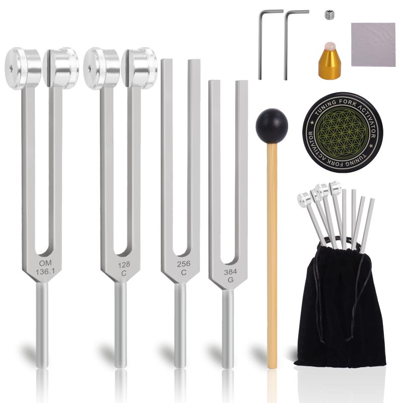 Qopaw Tuning Forks for Healing Set, Includes 128Hz, 136Hz, 256Hz, 384Hz, Weighted & Unweighted Tuning Forks Set with Reflex Hammer, Activator, Gem feet, for Sound Therapy, Chakra, Yoga, Meditation - Image 1