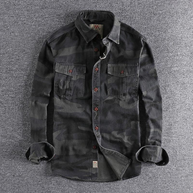 Double Pocket Foreign Trade Trendy Washed Camouflage American Style Workwear Long-sleeved Shirt Mens Casual Loose Wear-resistant Top Clothes Trendy Dark camouflage - Image 1