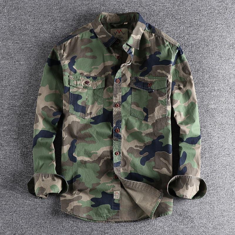 Double Pocket Foreign Trade Trendy Washed Camouflage American Style Workwear Long-sleeved Shirt Mens Casual Loose Wear-resistant Top Clothes Trendy Dark camouflage - Image 2