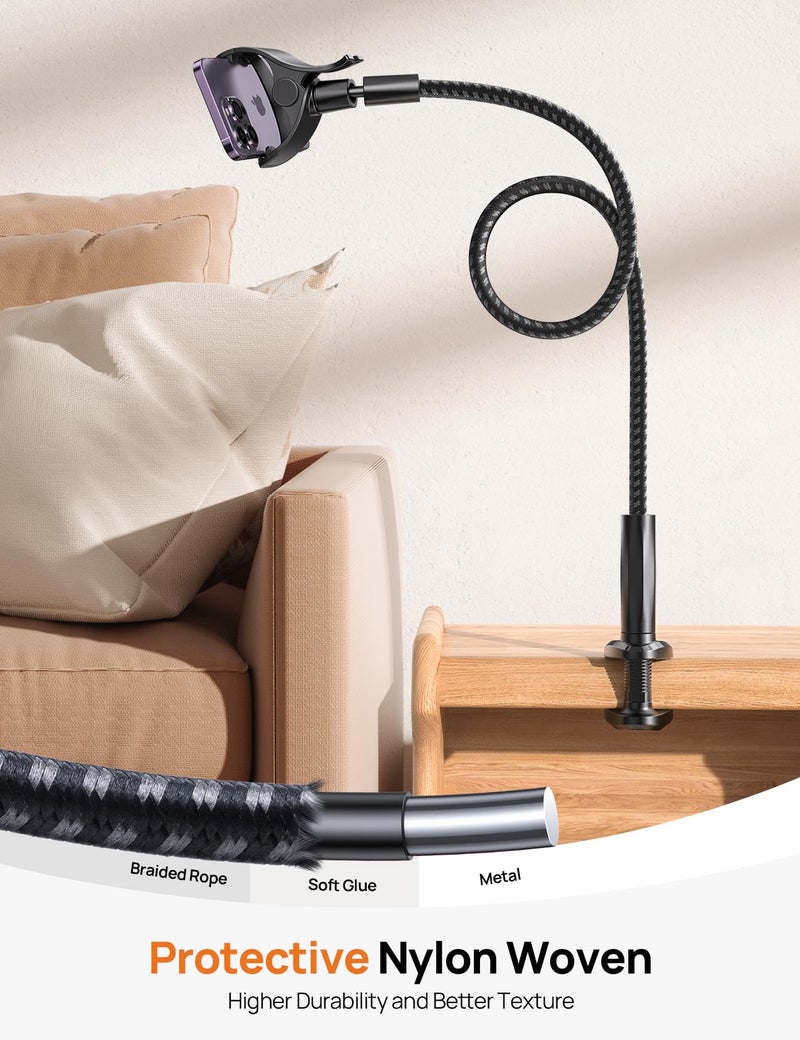 Aomiker Gooseneck Phone Holder for Bed - [2025 Upgrade Nylon Braid] 38â€ Long Flexible Lazy Arm Clip, 360 Adjustable Overhead Phone Mount for iPhone 15 14 13 12 11 Pro Max Mini Plus, all 4-7" Cellphone - Image 3