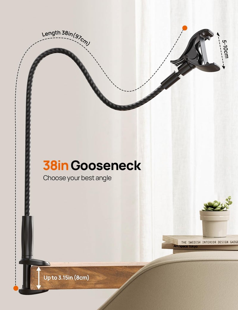 Aomiker Gooseneck Phone Holder for Bed - [2025 Upgrade Nylon Braid] 38â€ Long Flexible Lazy Arm Clip, 360 Adjustable Overhead Phone Mount for iPhone 15 14 13 12 11 Pro Max Mini Plus, all 4-7" Cellphone - Image 4