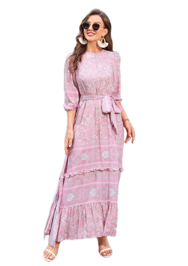 HECCPLI Women 3/4 Sleeves Front Buttons Floral Print Casual Bohemian Maxi Dresses - Image 4
