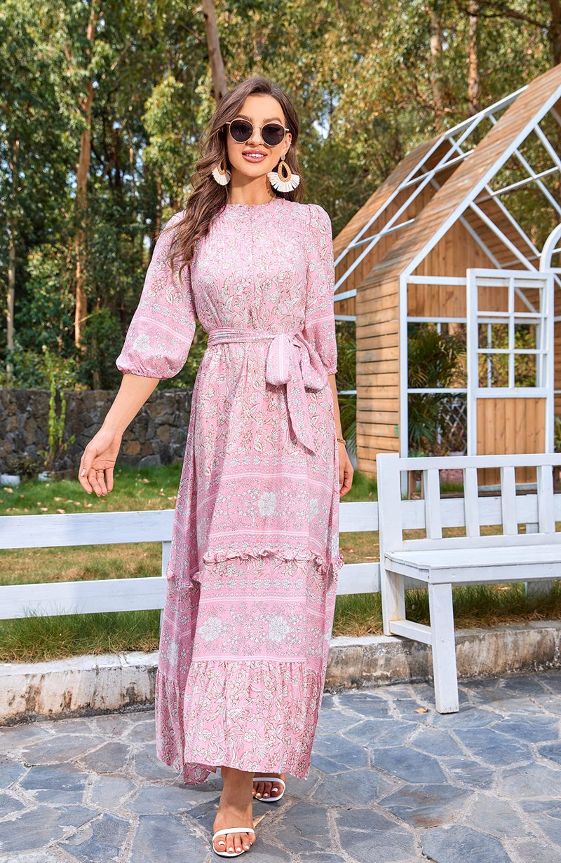 HECCPLI Women 3/4 Sleeves Front Buttons Floral Print Casual Bohemian Maxi Dresses - Image 5
