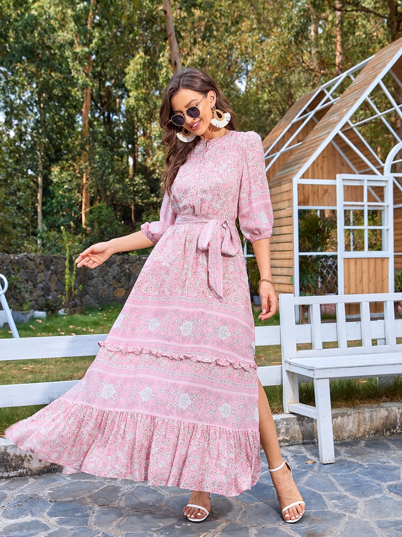 HECCPLI Women 3/4 Sleeves Front Buttons Floral Print Casual Bohemian Maxi Dresses - Image 3