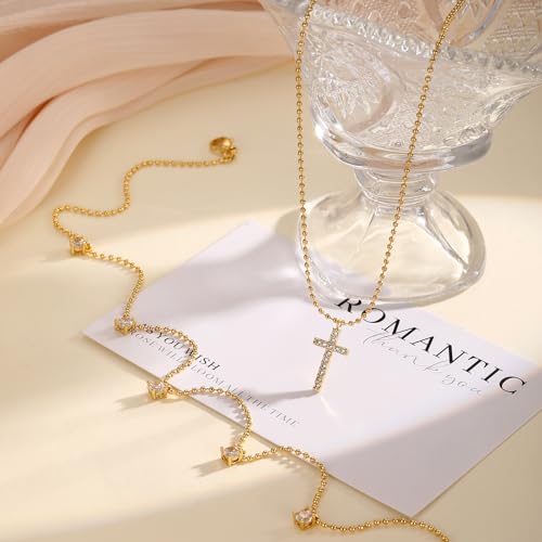 Rotnso Cross Necklace for Women 14K Gold Plated Dainty Small Diamond Cross Pendant Layered Choker Simple Trendy Cute Cross Charm Bead Chain Easter Basket Stuffers Baptism Religious Faith Jewelry Gift - Image 5