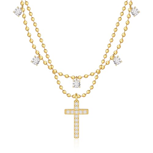 Rotnso Cross Necklace for Women 14K Gold Plated Dainty Small Diamond Cross Pendant Layered Choker Simple Trendy Cute Cross Charm Bead Chain Easter Basket Stuffers Baptism Religious Faith Jewelry Gift - Image 1