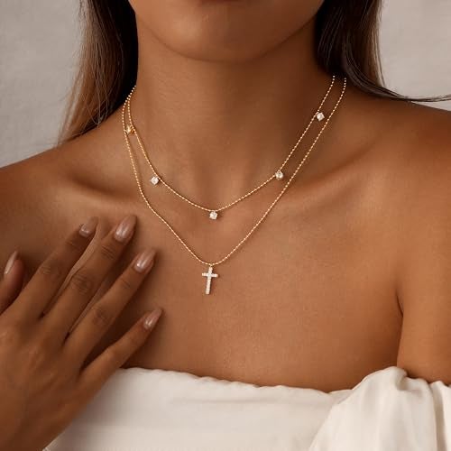 Rotnso Cross Necklace for Women 14K Gold Plated Dainty Small Diamond Cross Pendant Layered Choker Simple Trendy Cute Cross Charm Bead Chain Easter Basket Stuffers Baptism Religious Faith Jewelry Gift - Image 4