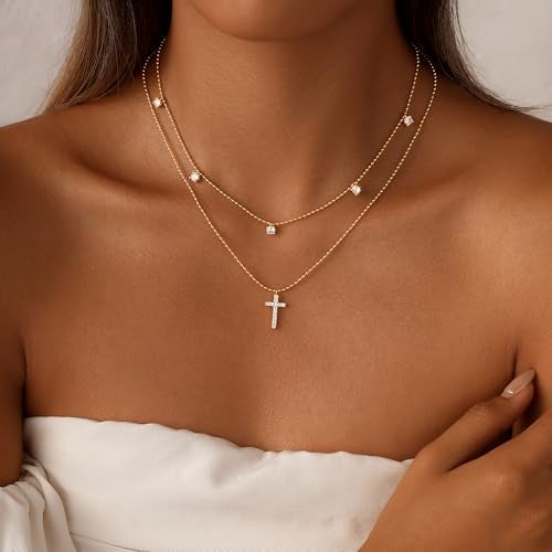 Rotnso Cross Necklace for Women 14K Gold Plated Dainty Small Diamond Cross Pendant Layered Choker Simple Trendy Cute Cross Charm Bead Chain Easter Basket Stuffers Baptism Religious Faith Jewelry Gift - Image 2