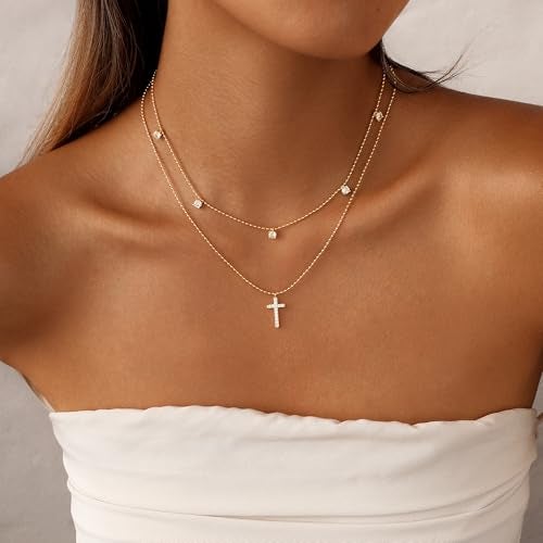 Rotnso Cross Necklace for Women 14K Gold Plated Dainty Small Diamond Cross Pendant Layered Choker Simple Trendy Cute Cross Charm Bead Chain Easter Basket Stuffers Baptism Religious Faith Jewelry Gift - Image 3